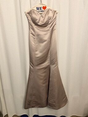 Hayley Paige Elegant Strapless Satin Evening Gown in Taupe